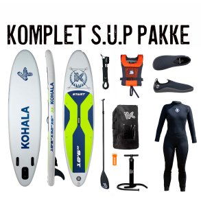 SUP startpakke komplet inkl. neoprendragt, sko og vest | Ready to go Paddleboard-pakke 